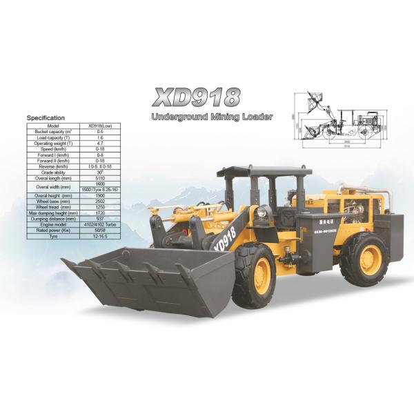 Underground wheel loader XD918 rated load 1.6ton with 0.6cbm bucket capacity