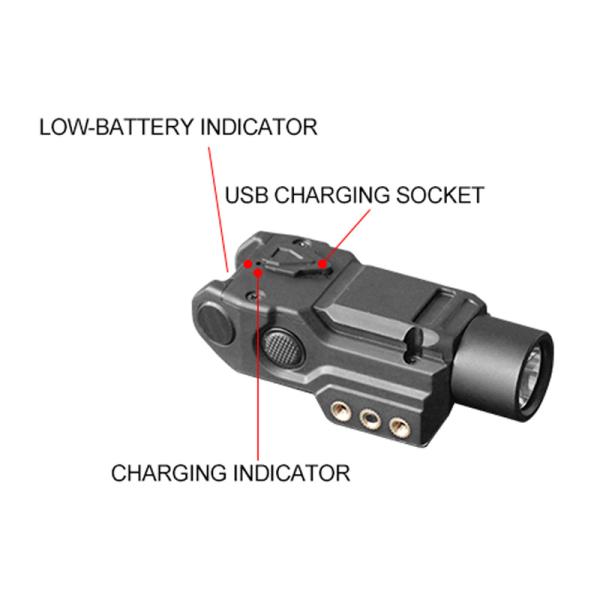 Pistol 510 Nm Rechargeable Tactical Flashlight For Guns 450 Lumen 15mm To 30m