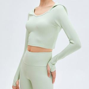 Best High Waist Ribbed Yoga Clothes Women Long Sleeve  Hooded Crop Top Set wholesale