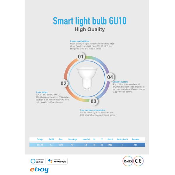 470LM 5.5W Ra80 Indoor Smart LED Bulb GU10 App and Voice control