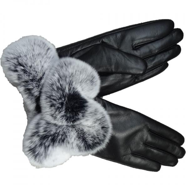 Beautiful Design Colored Leather Gloves , Rabbit Fur Gloves Black Color