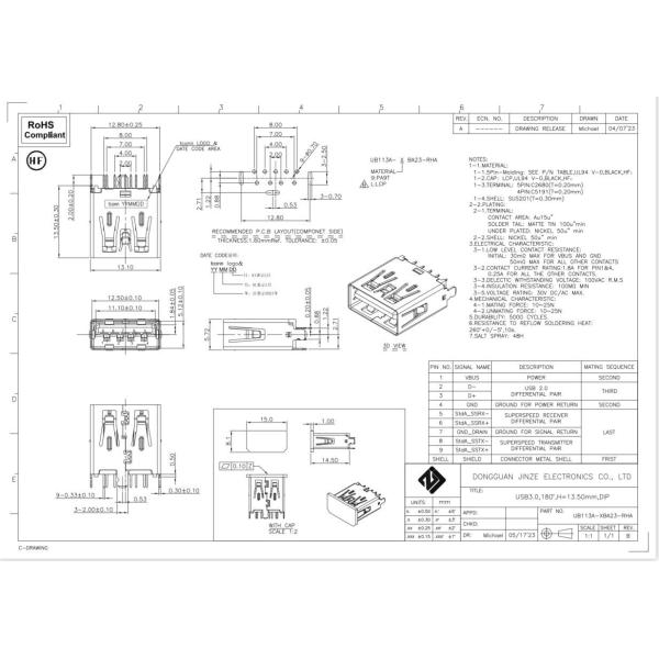 100V PA9T Black USB3.0 Usb Type A Female Socket 180 Degrees 9Pin