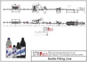 China Brake Fluid Filling Line With Servo Filling Machine,Rotary Capping Machine,Double Sides Self-adhesive Labeling Machine on sale
