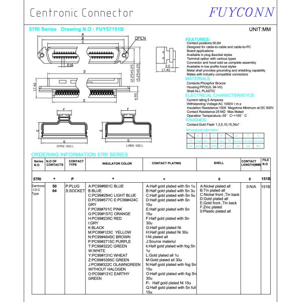 50 Pin Centronics Connector 25 Pairs Male IDC Crimping Type With Plastic Cover
