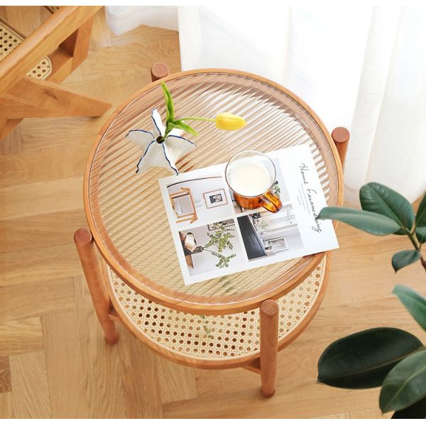 Ergonomics Rattan Glass Table 80*80*45cm Tempered Glass Top Coffee Table