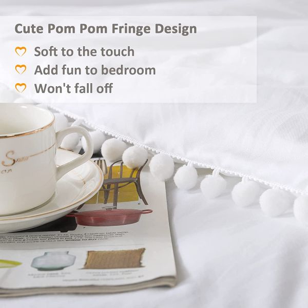 130 * 70 Fabric Density White Pom Pom Fringe Duvet Cover and Pillowcase Set 3 Pieces