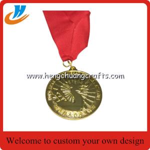 China Carved metal medallions with Nylon ribbon,gold metal medal die casting with filled color on sale