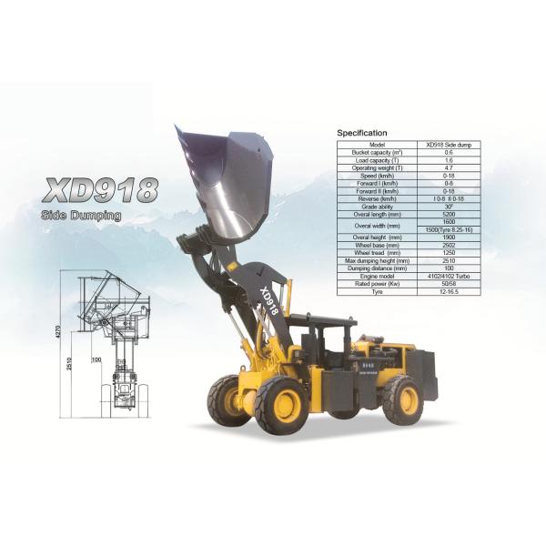 Underground wheel loader XD918 rated load 1.6ton with 0.6cbm bucket capacity