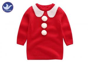 Best Jaquard Collar Girls Knitted Dress , Girls Red Jumper Dress With Fluffy Ball Decoration wholesale