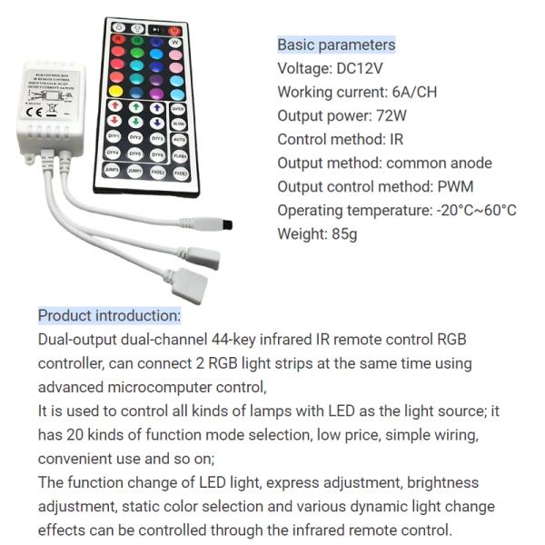 12VDC 144W LED RGB Controller Dimmer With IR Remote 44 Key Control