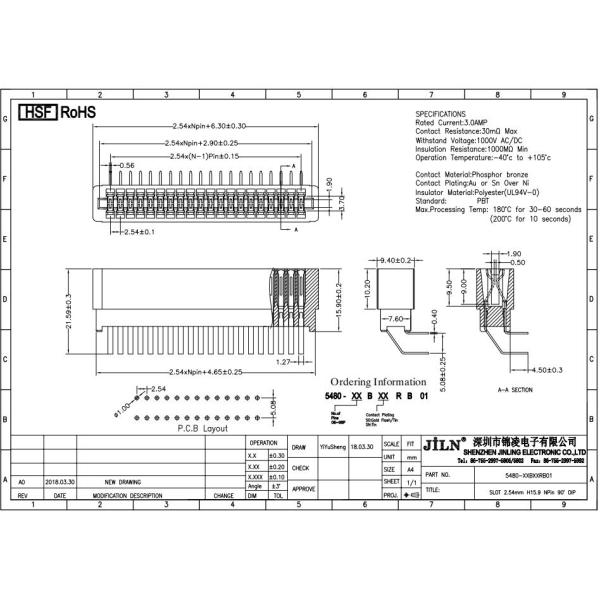 2.54mm Pitch Female Card Edge Connector Right Angle 64P Current Transmission