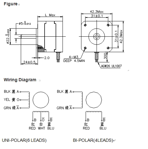 NEMA17 BY42HS34 28N.cm 1.3A low speed high quality stepping motor