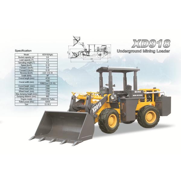 Underground wheel loader XD918 rated load 1.6ton with 0.6cbm bucket capacity