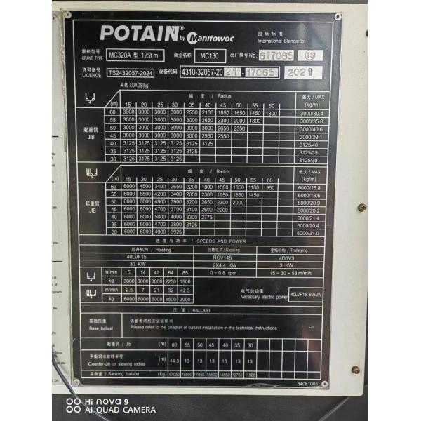 2021 Mc130b Used Tower Crane with Max Load 6t and Max Jib Length 60m in Good Condition