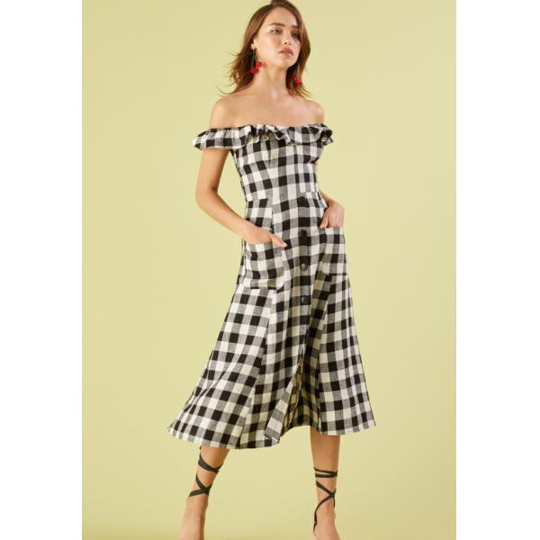 Black and white checked off shoulder dress