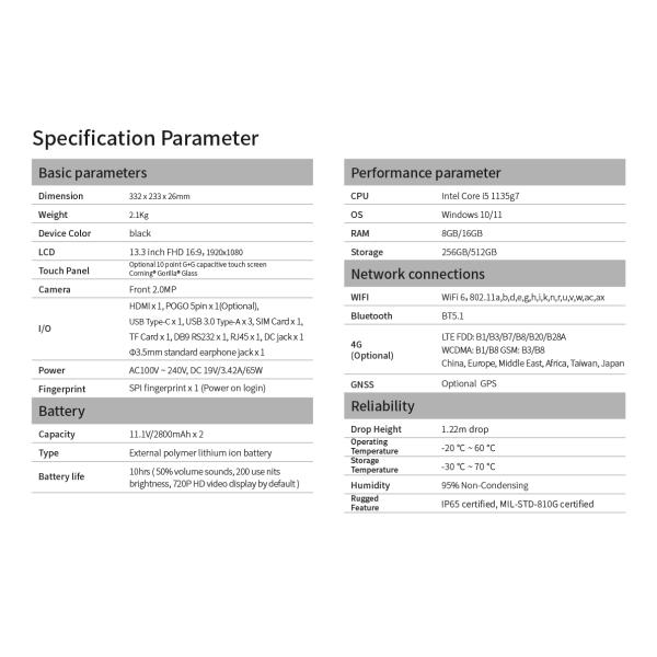 13.3inch Industrial Rugged Notebook Tablet PC with 2.0MP Front Camera