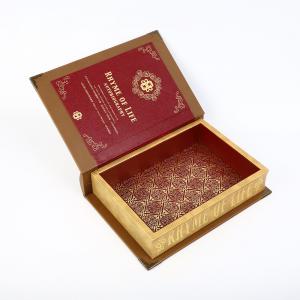 China Embossing Wooden Book Shaped Gift Box Leather Wrapping Surface Round Spine 3D Metal Logo on sale