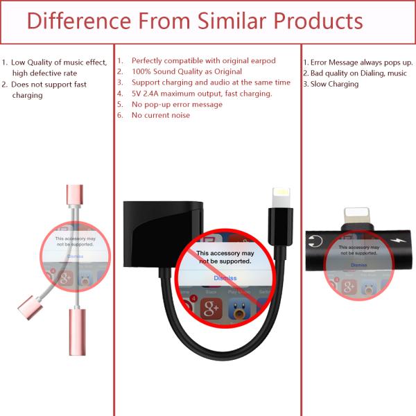 Black Iphone 7 Dual Headphone Adapter Lightning Charge For 8 Pin Devices