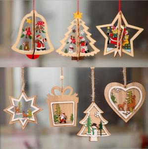 China Wooden hanging star heart tree bell pendant decoration for christmas party decoration on sale