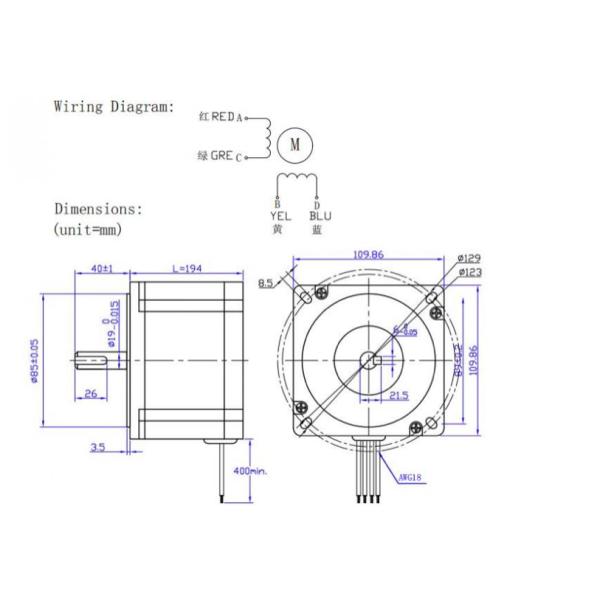 Nema 42 Bipolar CNC 3 Wire Stepper Motor 110x253mm Shaft Dia 19mm