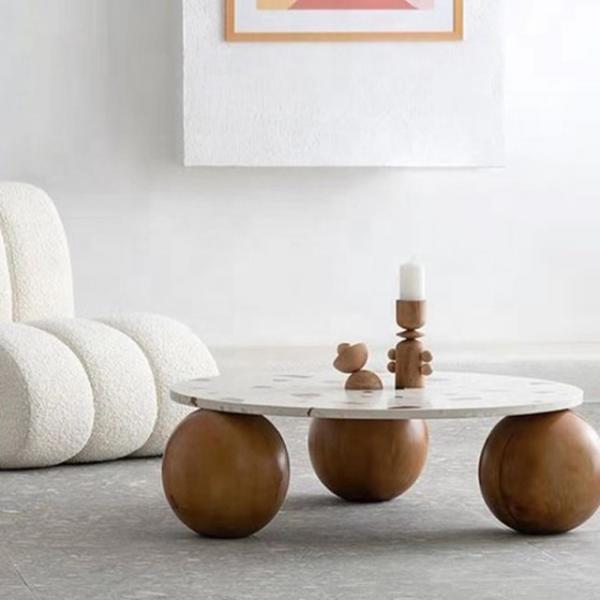 PU Pedestal Marble Top Wood Coffee Table Round Bowl Shaped