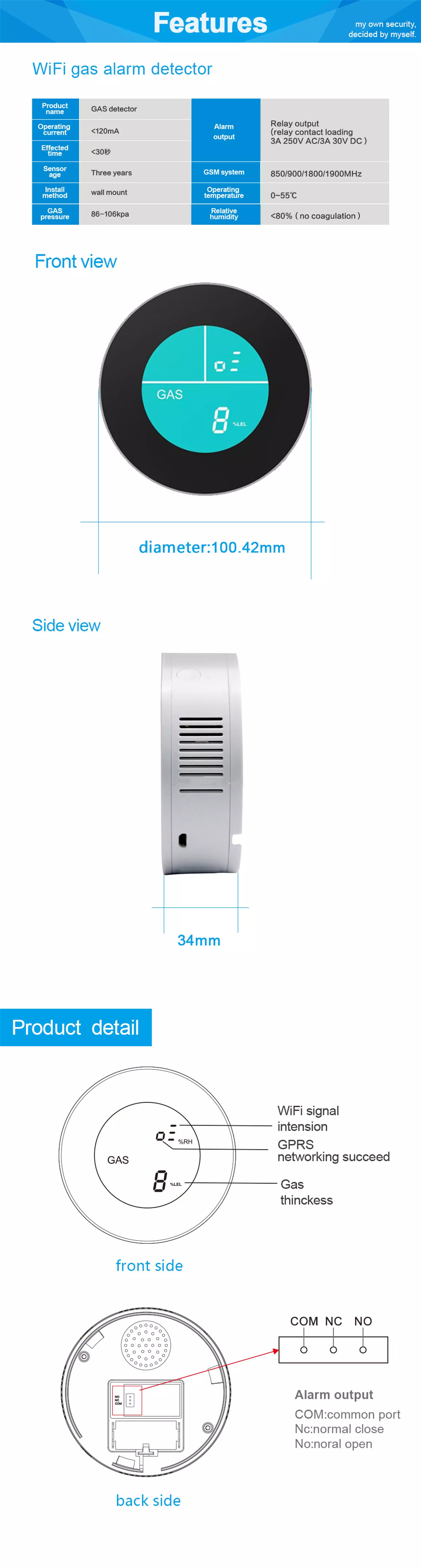 Wireless Kitchen LPG Gas Smoke Detector APP Control Wall Mounting For Home Security