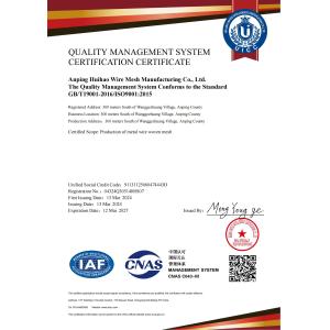 Anping County Huihao Wire Mesh Manufacture Co., Ltd Certifications