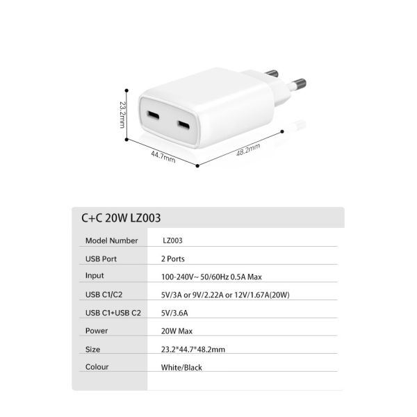 Dual Port GaN Type C Wall Charger Fast Charging Power Adapter 20W