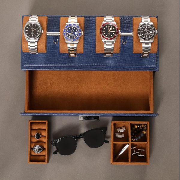 ROTHWELL Luxury Watch Display Case for 4 Watches – Leather Watch Box with Acrylic Cover and Removable Slide in Cushions