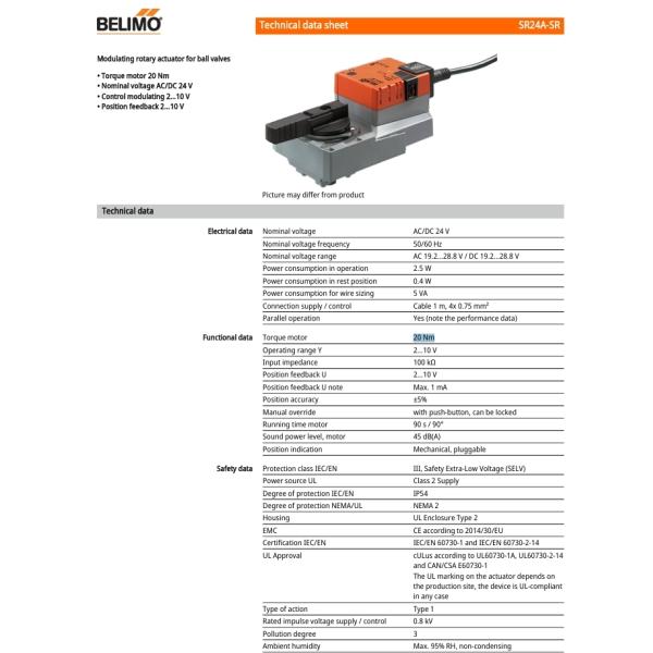 Belimo Original SR24A-SR/SR24A-SR-5 Rotary Actuator 20 Nm AC/DC 24 V Open/close 3-point 90 s IP54 in Stock