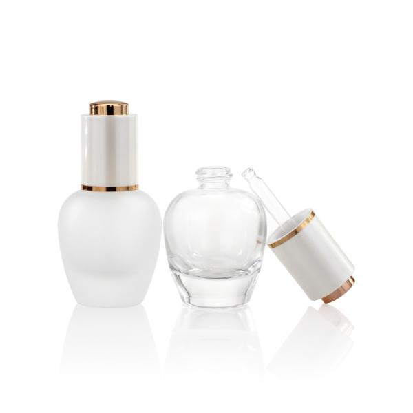 Penghuang Newest Design 30ml Round Frosted Glass Face Whitening Serum Bottle With Luxury Aluminum Lid