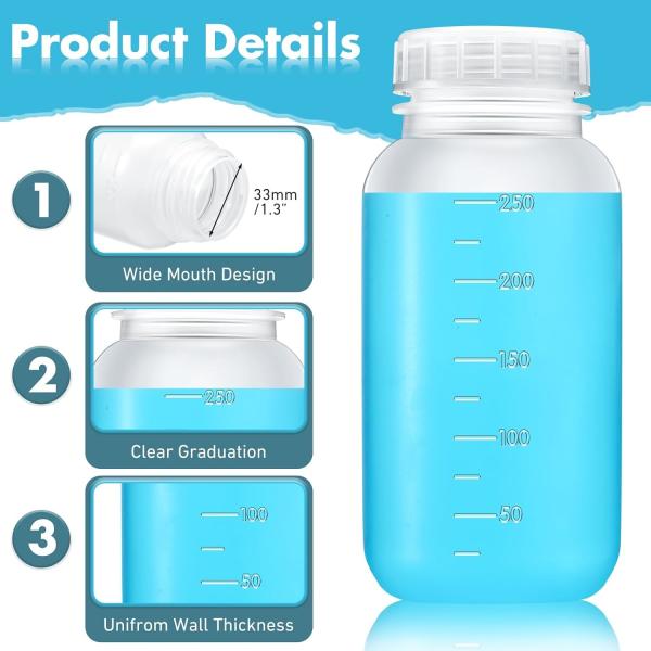 Laboratory Polypropylene Wide Mouth Reagent Bottle with Graduated Scale, Reusable Plastic Bottles with Caps