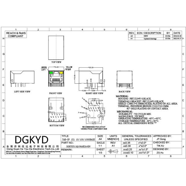 DGKYD311Q106AB2A4DN RJ45 Network Interface TAB UP Modular Jack Single Port PCB Interface Illuminated Shield