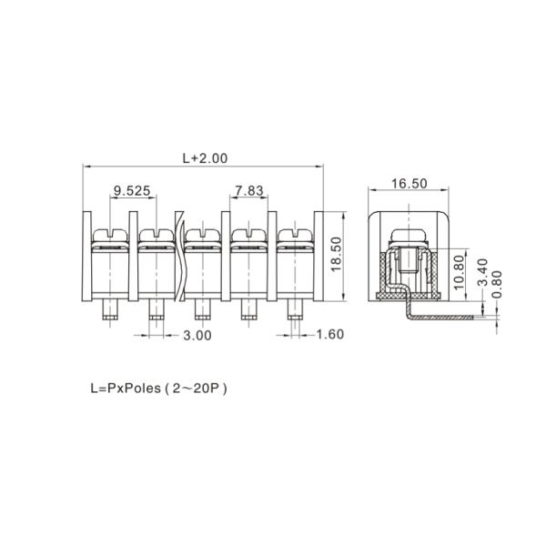 PCB Barrier Terminal Screw Connector Block 9.52mm Pitch 1*10P Right Angel M4 Steel