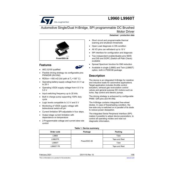 L9960TR Motor Control Driver Chip Half Bridge Driver General Purpose Power MOSFET PowerSSO-36 EPD