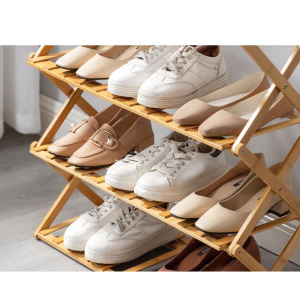 Bamboo Wood Foldable Free Installation 4 Tier Shoe Storage Shelf