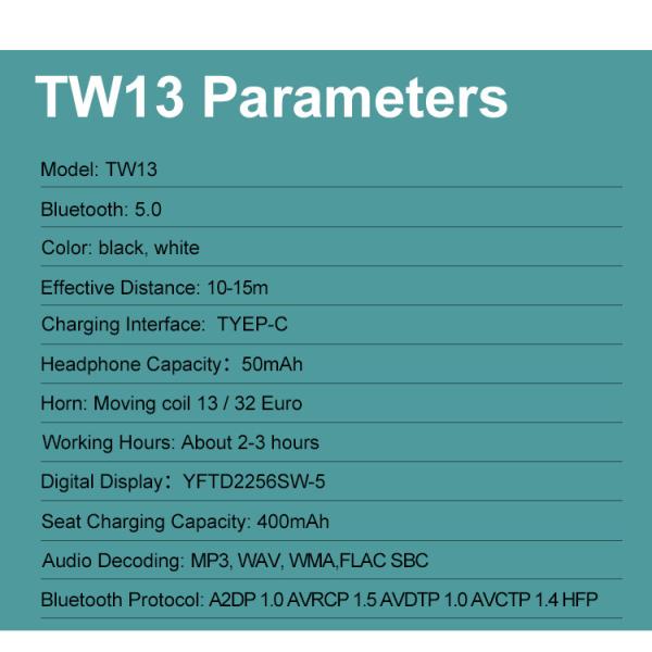 400mah BT5.0 TWS Wireless Earbuds TW13 GPS Positioning ROHS