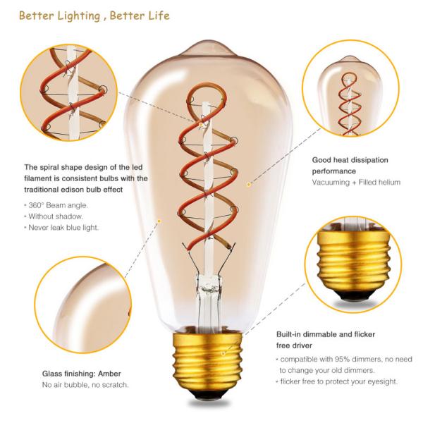 ST64 Amber Spiral LED Filament Bulb 4W , 230V LED Antique Bulb