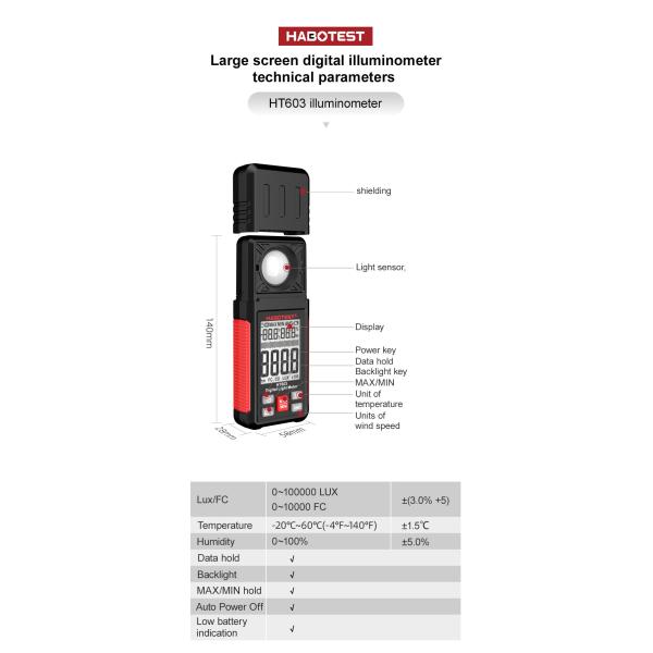 HT603 200,000 Lux Auto Digital Lux Meter Light Meter Digital Illuminance Meter
