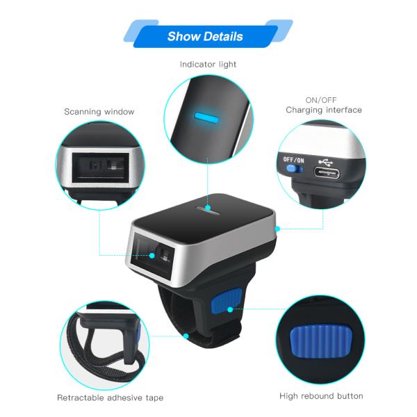 Portable 1D Laser Finger Ring Barcode Reader USB Wired 2.4G 450mAh