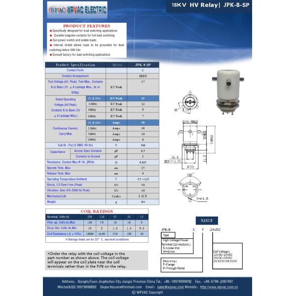 JPK8SP High Voltage Vacuum Relay with 15KV DC 30A Current and 12V/24V Coil Voltage for Make & Break Load Switching
