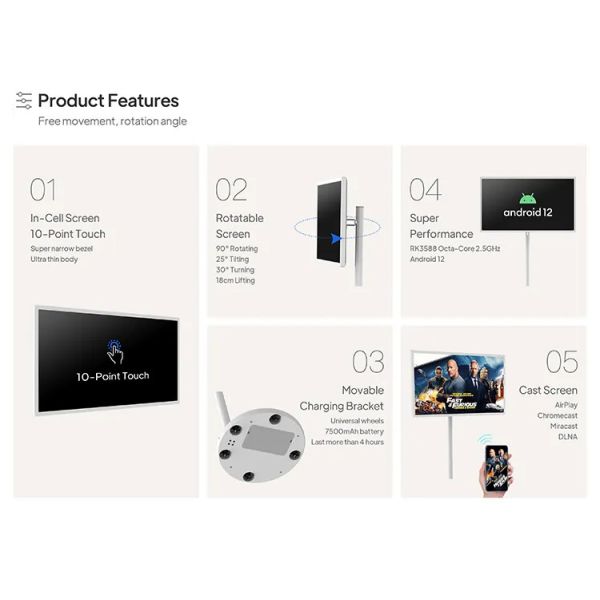 16/9 Portable Touch Screen Display TV With 4GB/8GB Wi Fi HDMI Interface Easy To Install