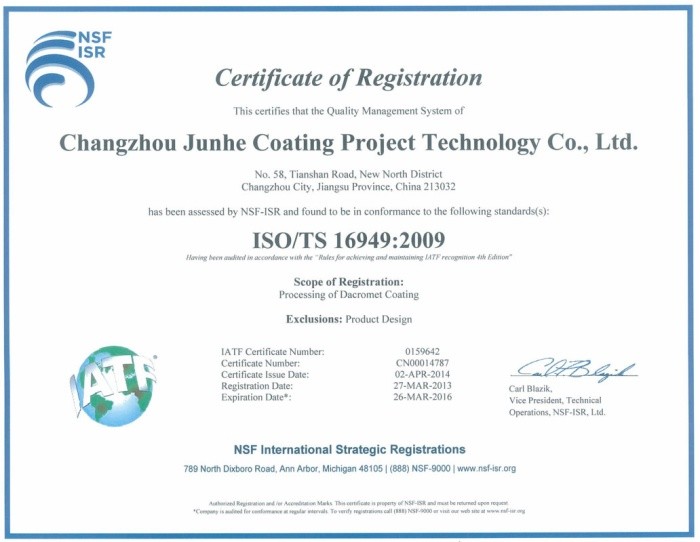 Changzhou Junhe Technology Stock Co.,Ltd Certifications