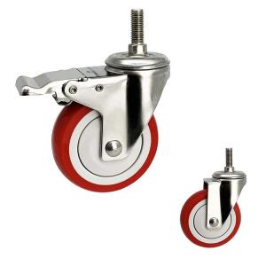Best Customize Stainless Castor Wheels 4 Soft Red Wheel Medium Duty PU Threaded Stem Total Lock Casters wholesale