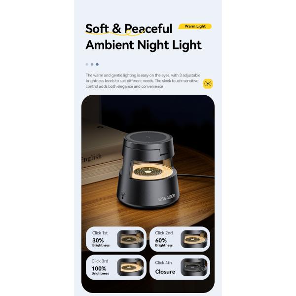 ESSAGER OJD-132 Foldable 4 In 1 15W Magnetic Wireless Charger Stand Station With Led Light For Watch Earphone Phone