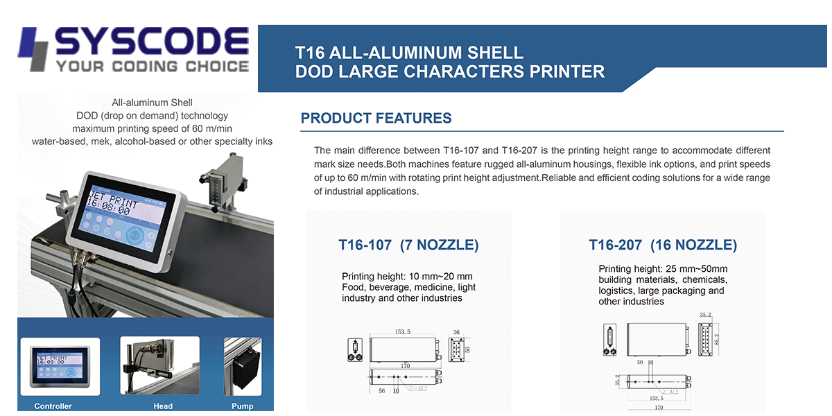 T16 Series All-Aluminum DOD Large Character Inkjet Printer with 7-inch Touchscreen, 10-20mm Print Height, and 7 Nozzles