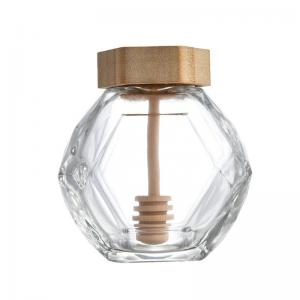 Best 380ML Glass Honey Hexagon Jar With Wooden Cover And Wooden Splash Bar wholesale