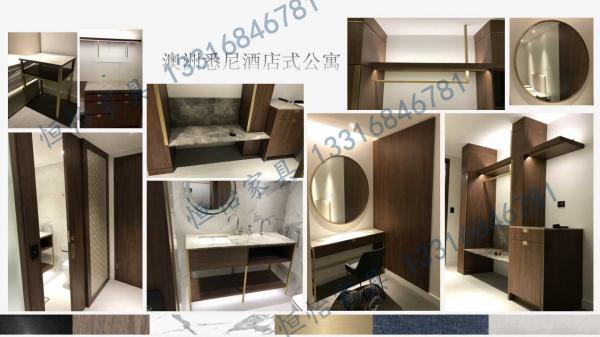 Modern hotel rooms furniture of Apartment style Upholstery headboard bed with Laminate wardrobe and long desk