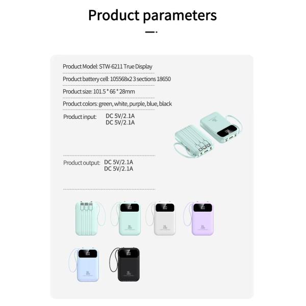 10000mah Portable Power Bank with Over-discharging Protection and Built-in Cables