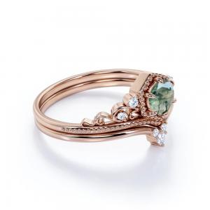 Best Filigree Chevron Tiara 0.6 carat Round Cut Moss Green Agate and CZ Wedding Ring Set in Rose Gold wholesale